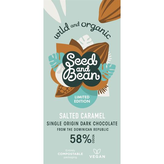 SEED AND BEAN LIMITED EDITION SALTED CARAMEL DARK CHOCOLATE 75G BAR (58% COCOA)