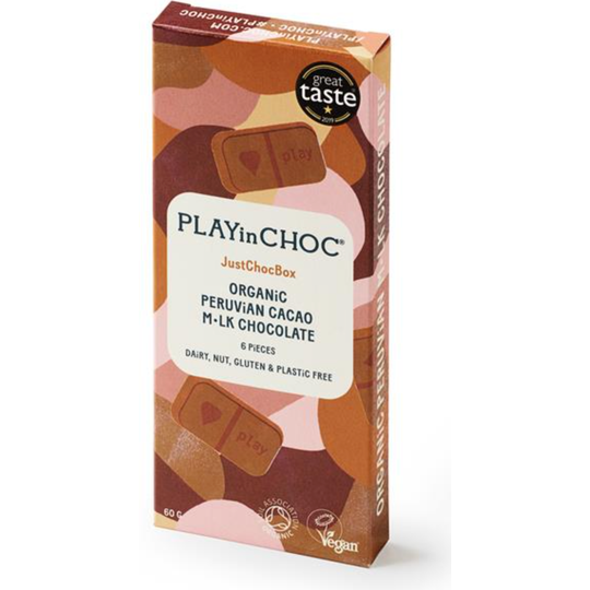 PLAYinCHOC JustChoc Box Organic Peruvian Cacao M•lk Chocolates 60g